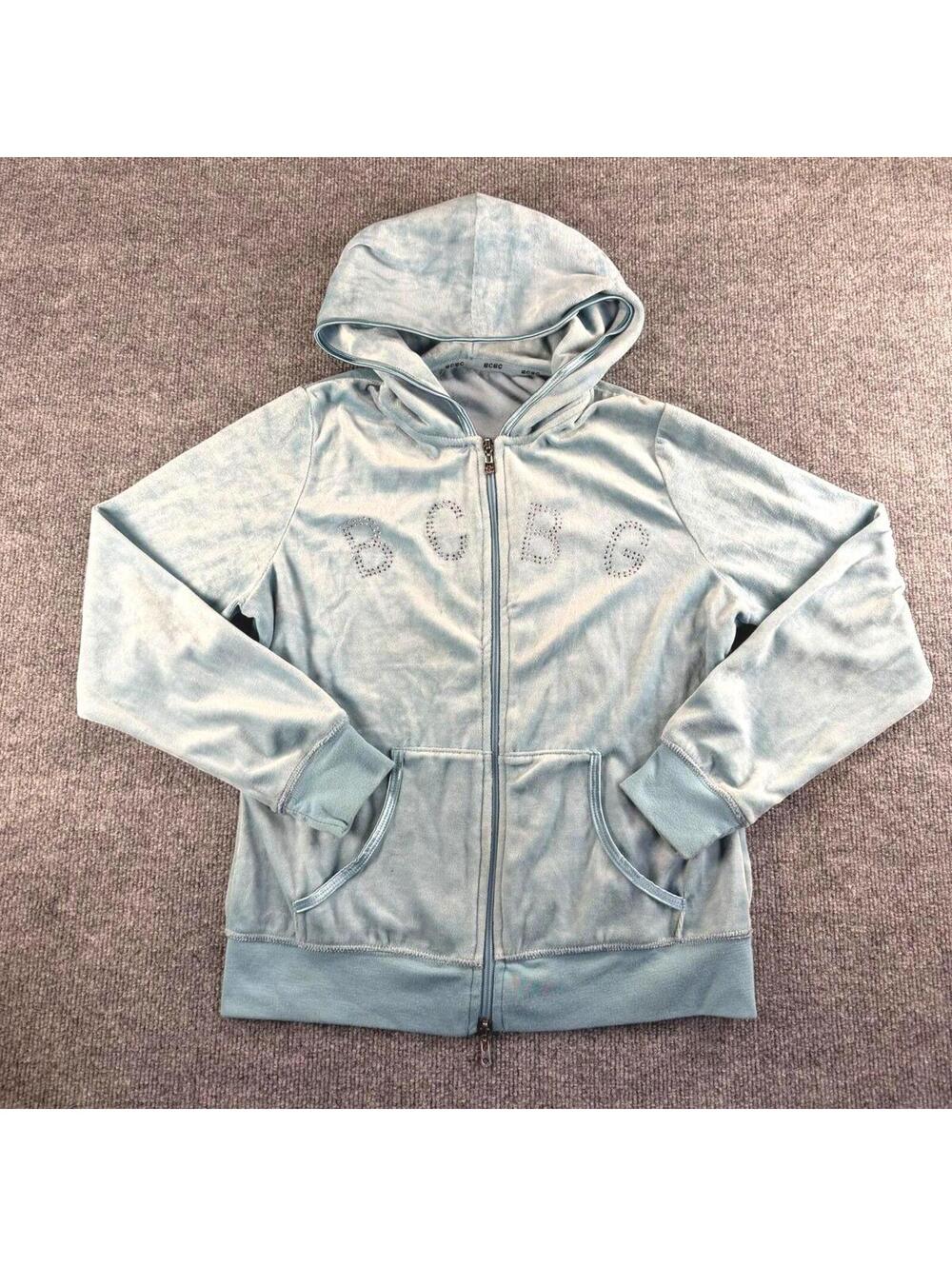 BCBG Maxazria Light Blue Velour Zip-Up Hoodie Rhinestone - Y2K, Vintage, McBling